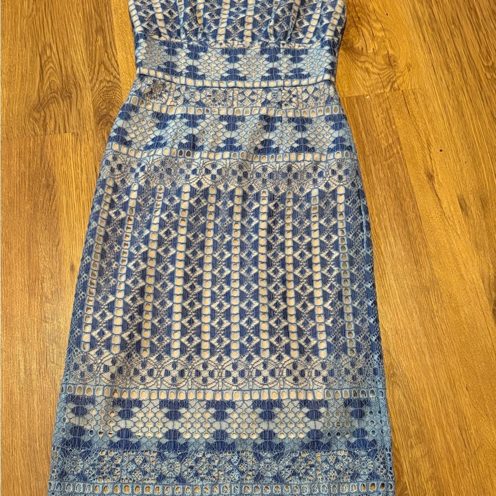 BCBGMaxAzria Strapless Blue and Cream Lace Dress